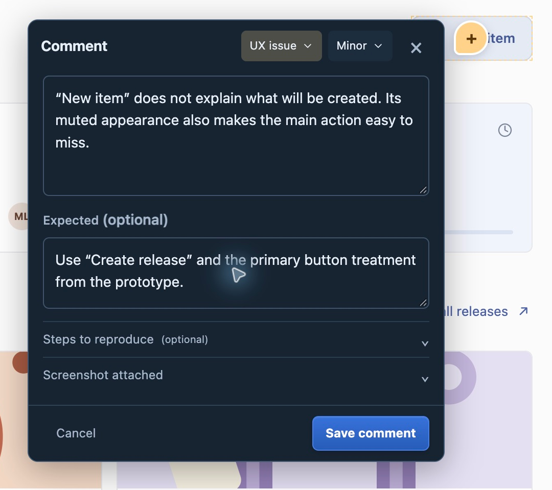Archived Diffuse v0.11.0 comment popover beside the selected Atlas control, keeping feedback in the page.