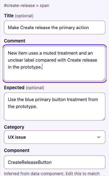 Earlier Diffuse comment form in a sidebar, showing separate title, comment, expected result, category and component fields.