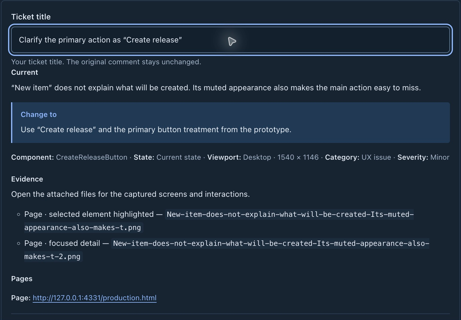 Diffuse’s Jira preview with an editable title and description for the Atlas primary-action observation.