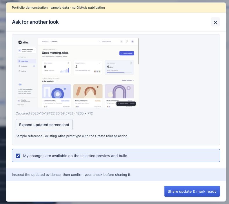 Diffuse’s Ask for another look dialog shows sample Atlas reference evidence, build confirmation and Share update & mark ready. A banner identifies the local portfolio demonstration.