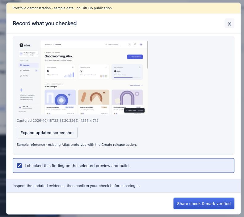 Diffuse’s Record what you checked dialog shows sample Atlas reference evidence, the reviewer’s confirmation and Share check & mark verified. A banner labels the portfolio demonstration.