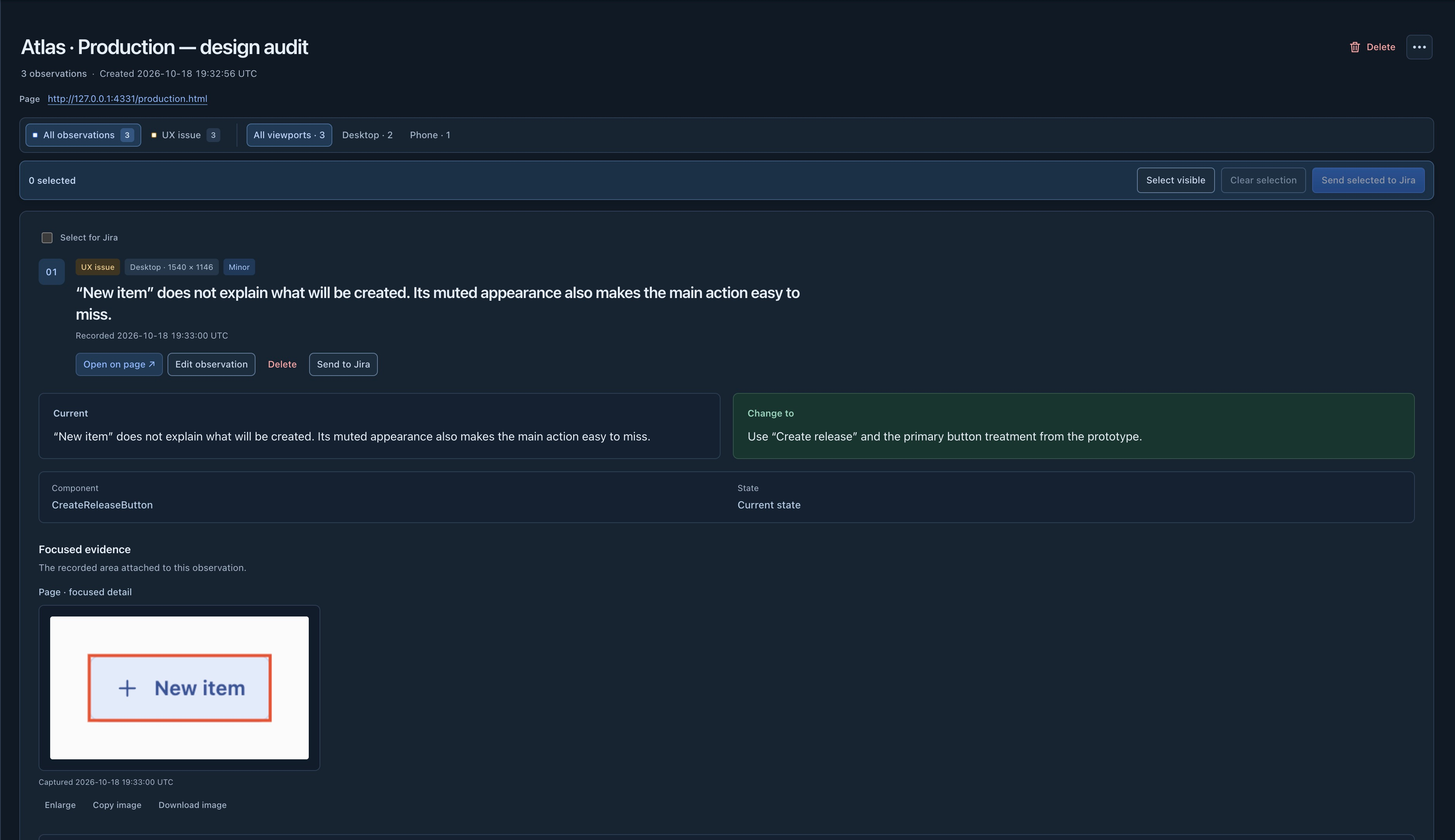 Diffuse’s review page displaying the Atlas observation with its written context and evidence.