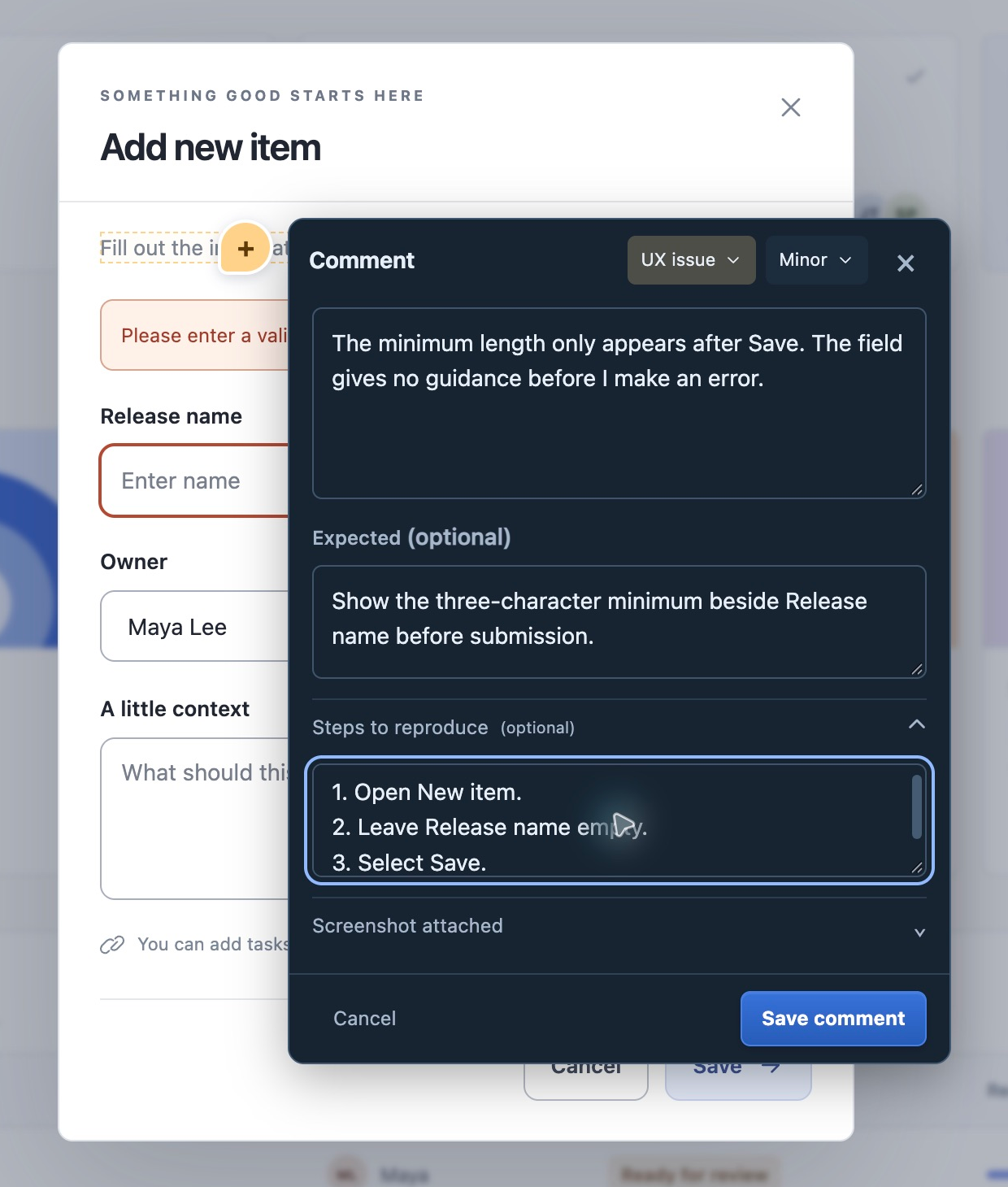 Atlas’s Add new item modal after an empty submission, with a Diffuse comment explaining that the three-character release-name requirement only appears after Save and listing the reproduction steps.