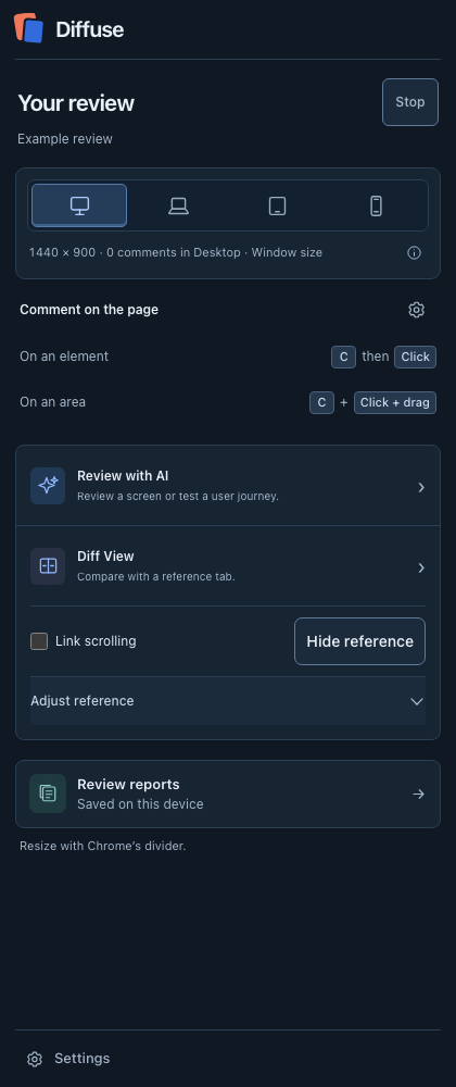 Separate Diffuse v0.19 product capture showing viewport selection, on-page commenting, Review with AI, Diff View, saved review reports and Settings.
