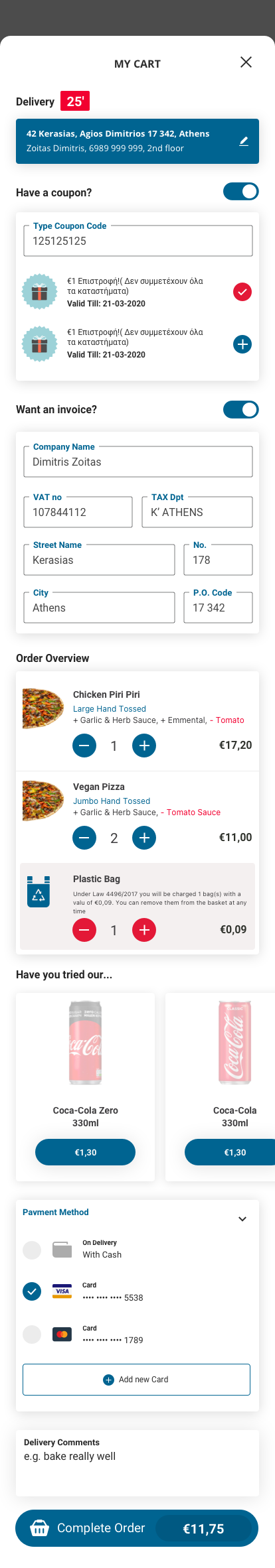 Cart showing order overview with items, upsell suggestions, payment methods, and complete order button