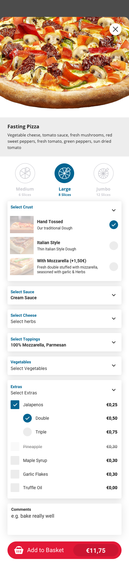 Pizza customizer showing size, crust, and topping options