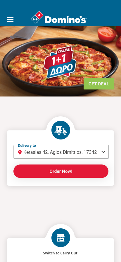 Home screen showing delivery mode with pizza deal and order button
