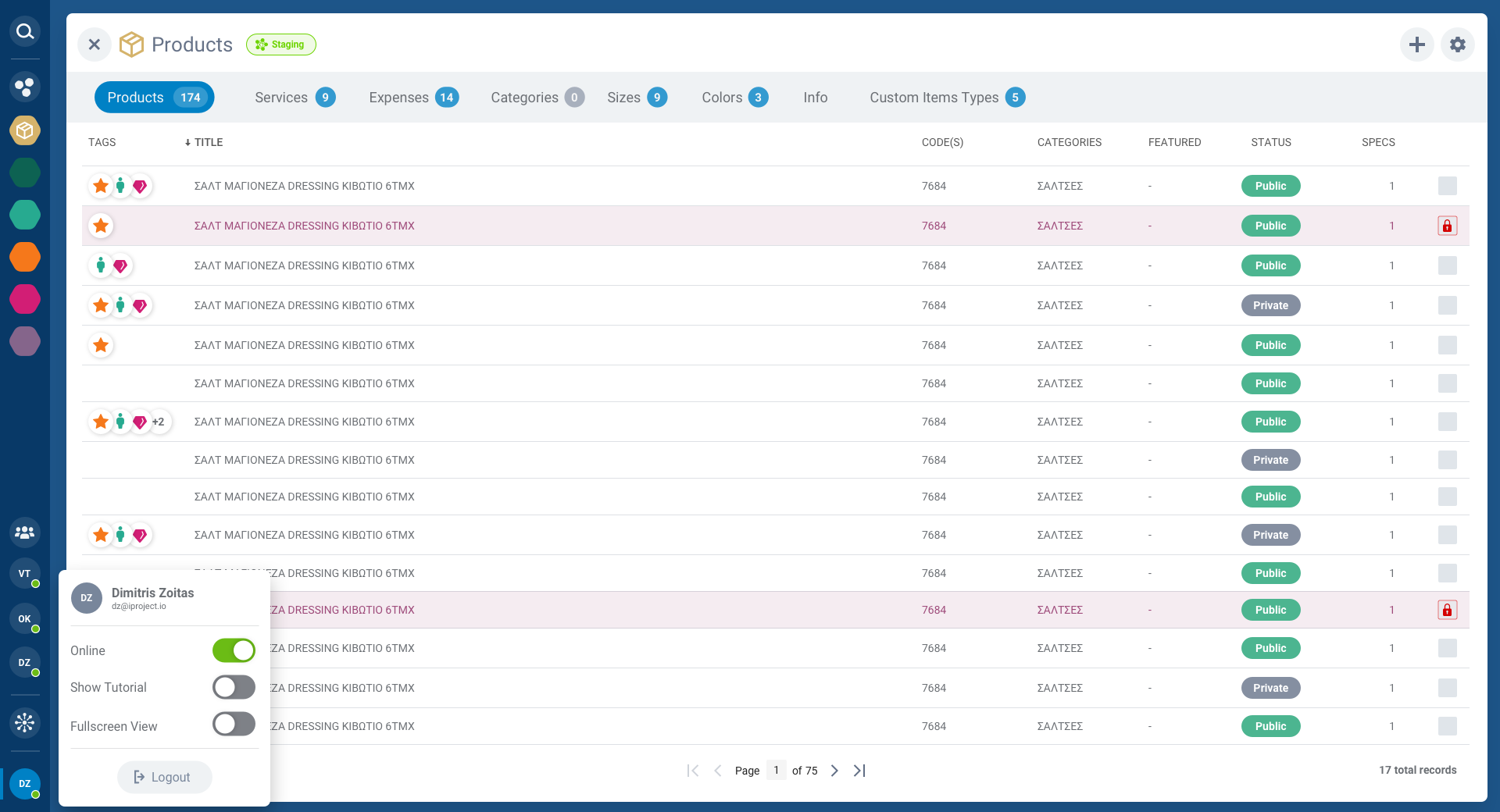 CRM account user profile with settings popup