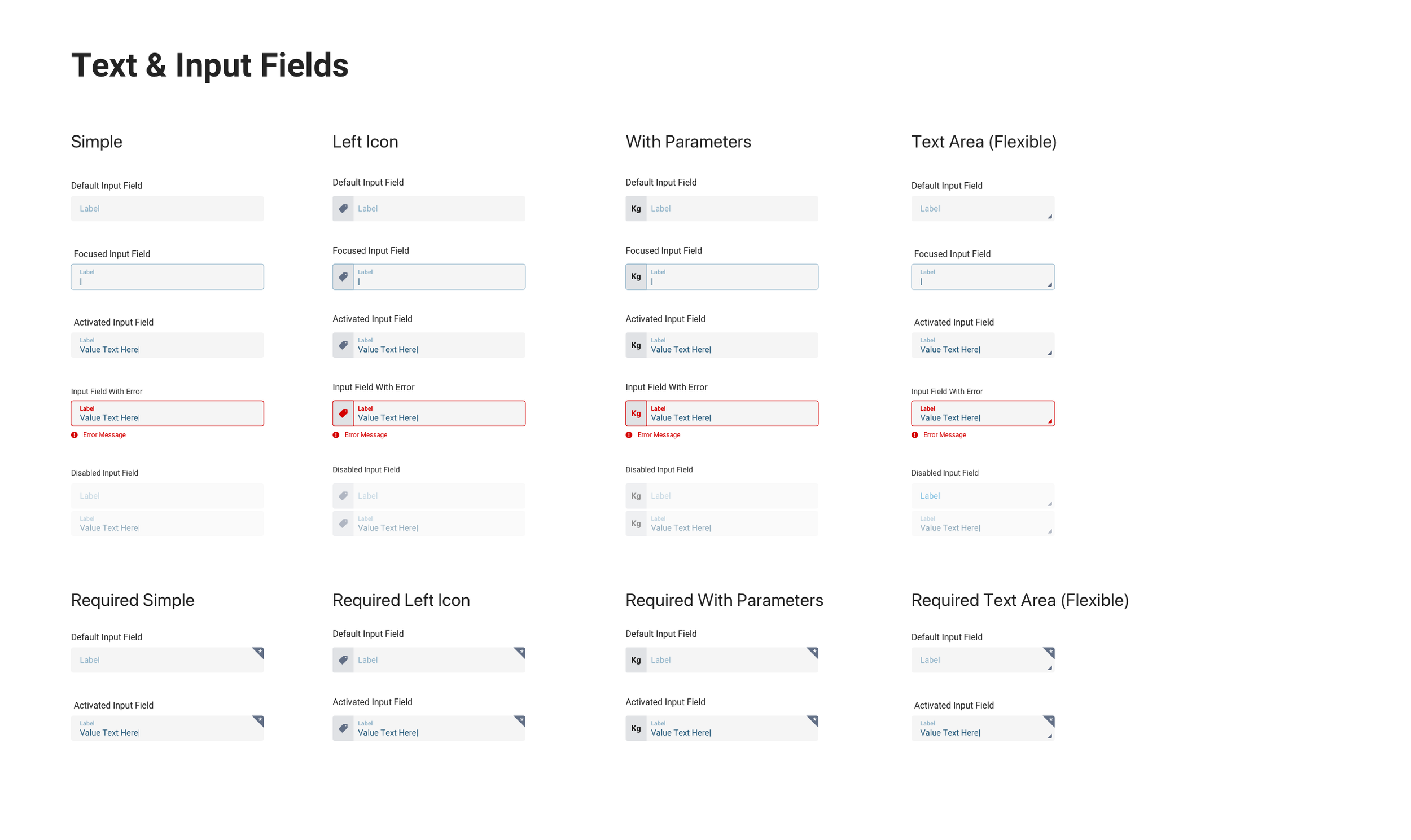 Form fields and input components with labels and states