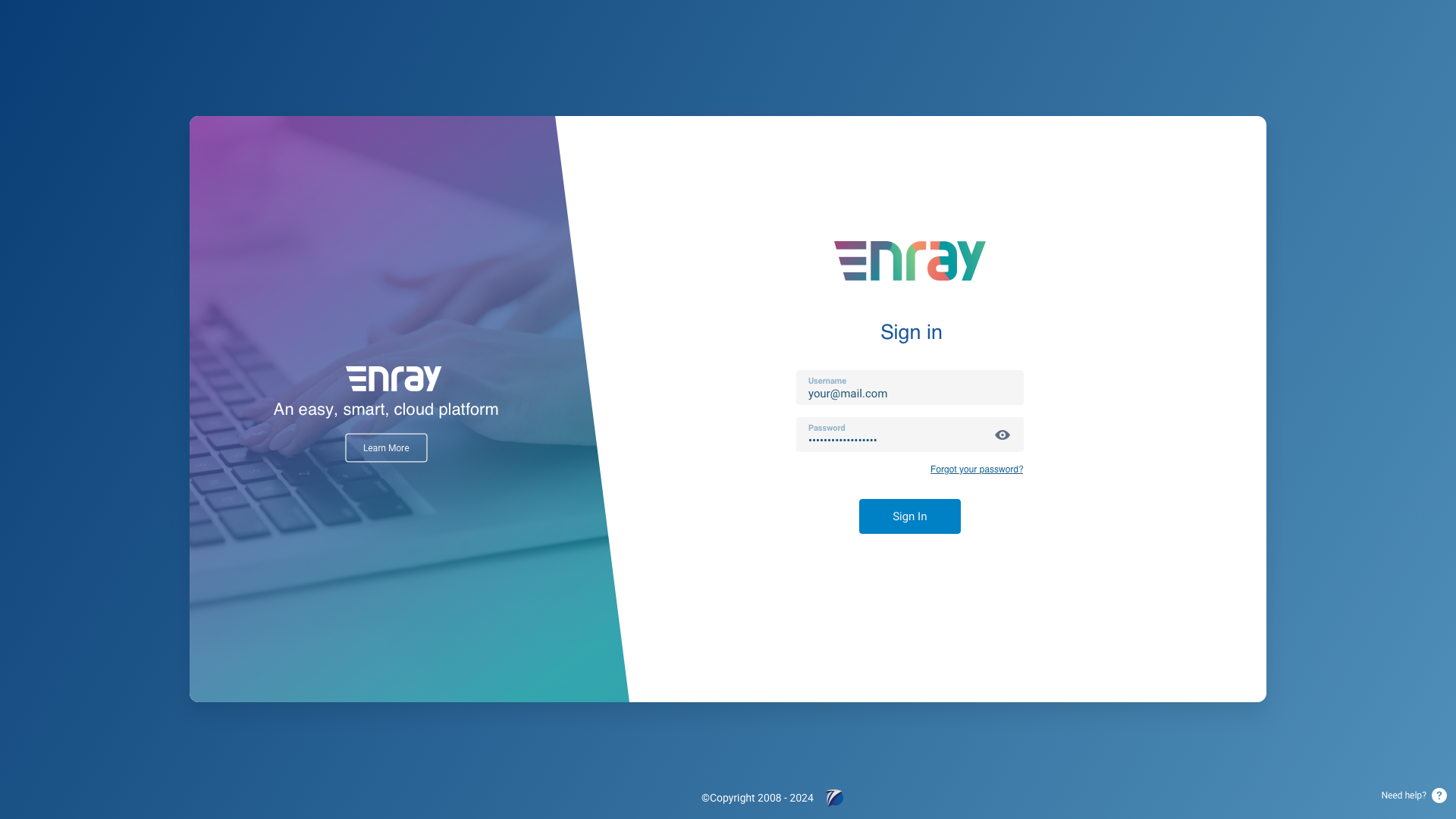 Enray platform login screen with gradient branding