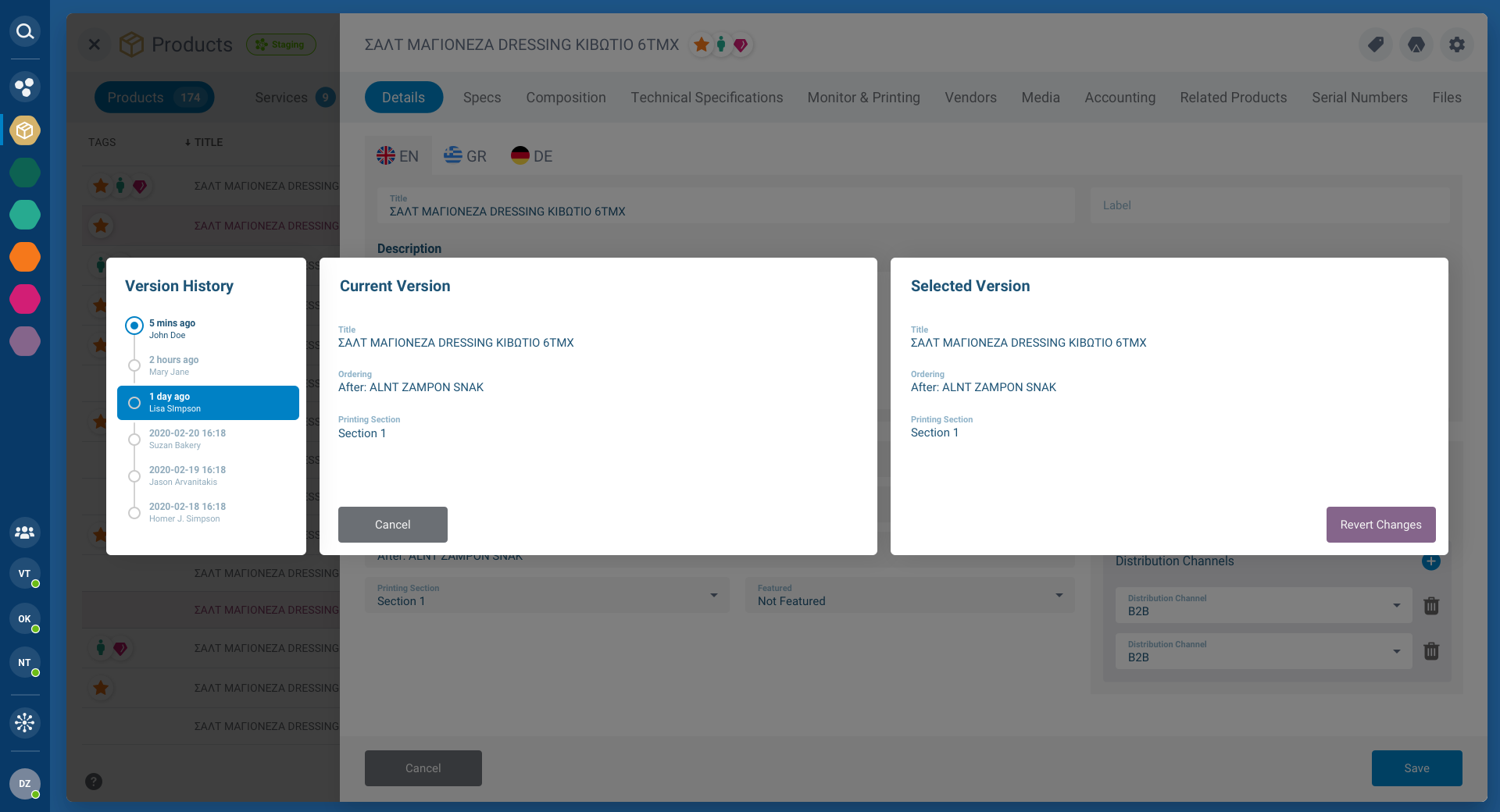 Version history modal
