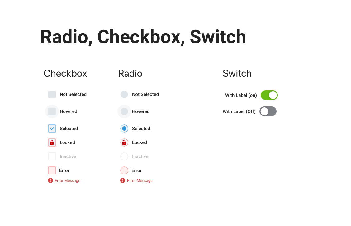 Radio, checkbox, and toggle switch components