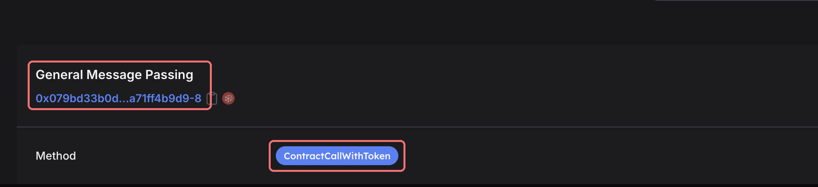 Annotated audit capture: General Message Passing and ContractCallWithToken lead the completed transfer page.