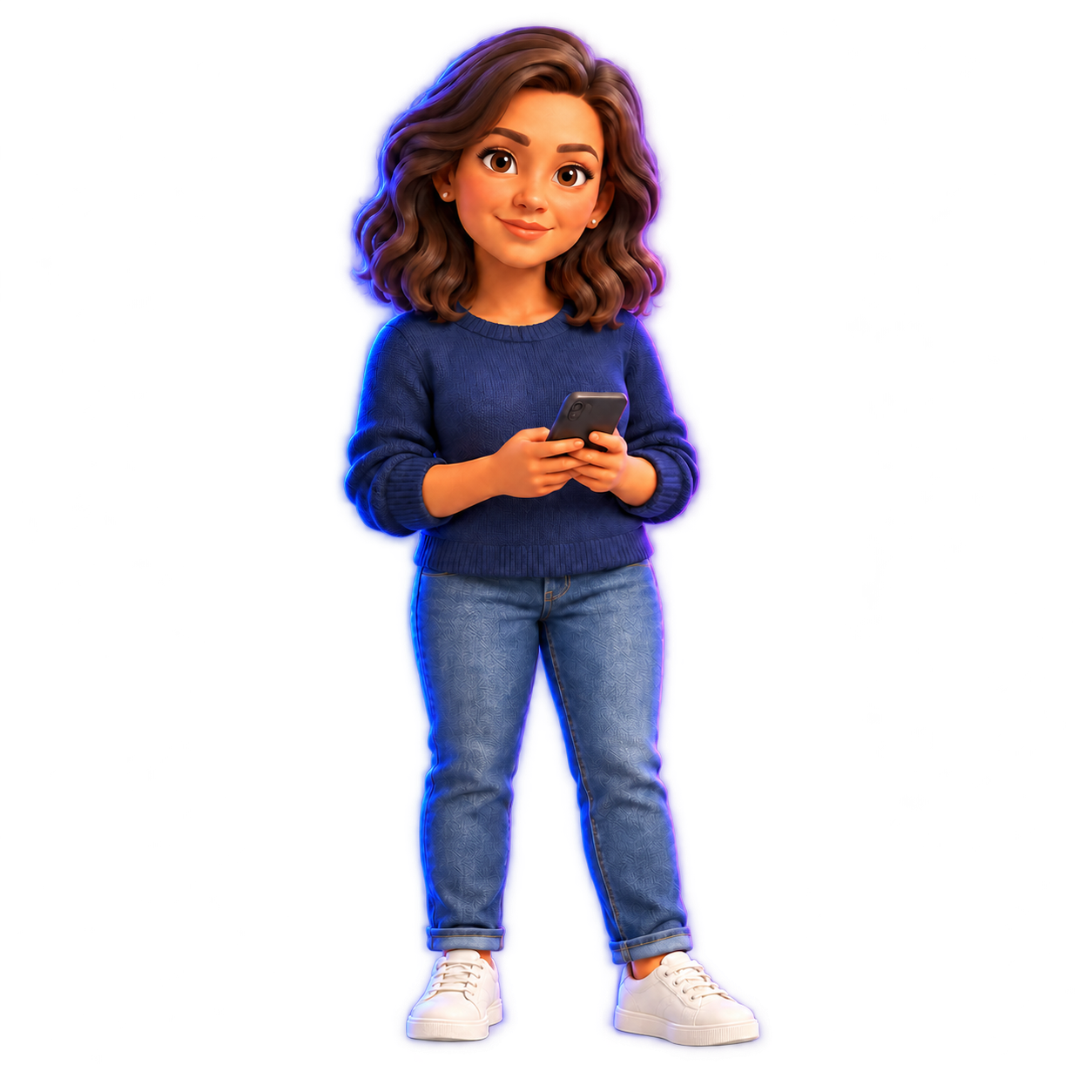 An illustrated Maya holding her phone.