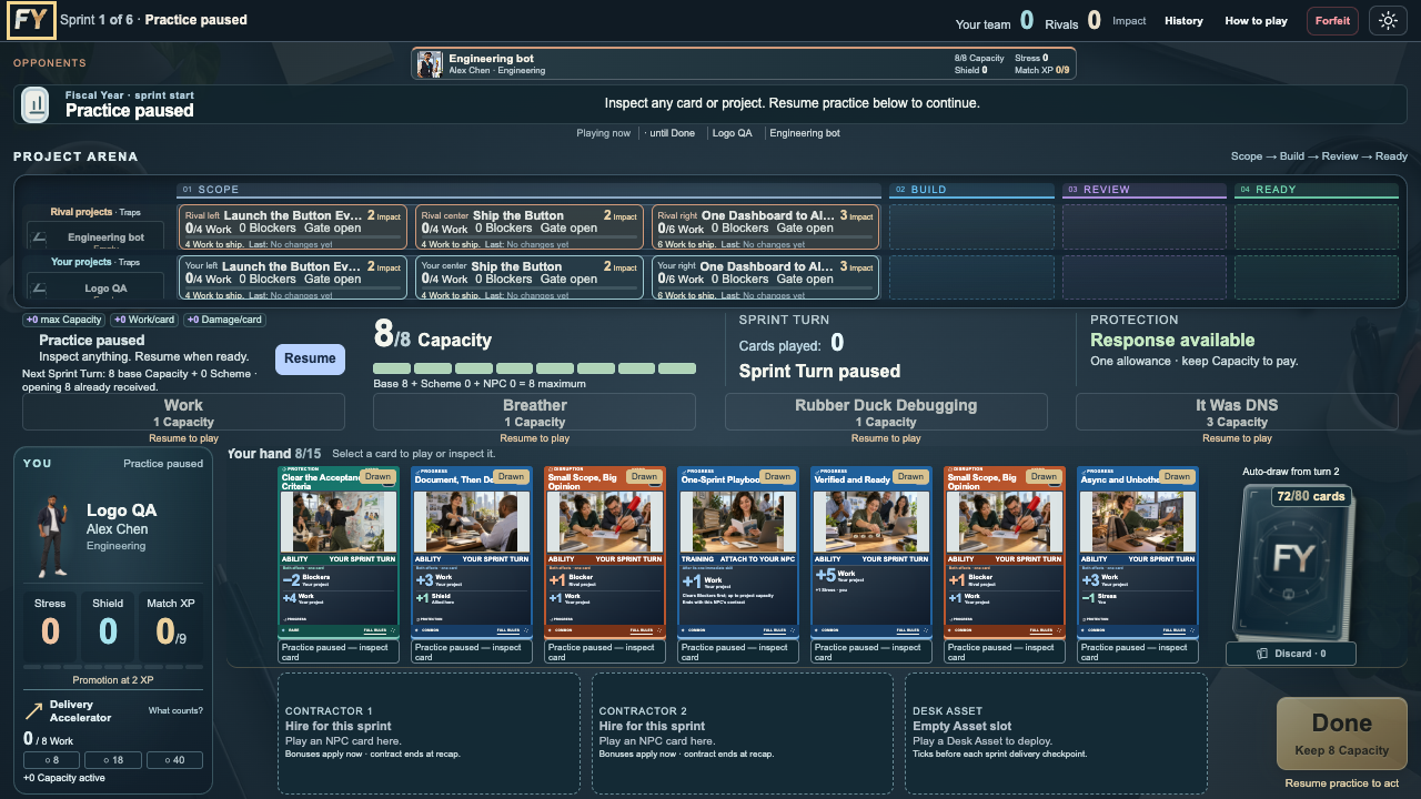 Fiscal Year practice battle with a Kanban project arena, Capacity budget, hand of cards and Done control