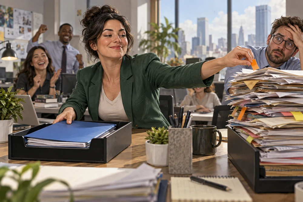 A release lead delivers a blue folder while placing an orange flag in a colleague’s overflowing tray.