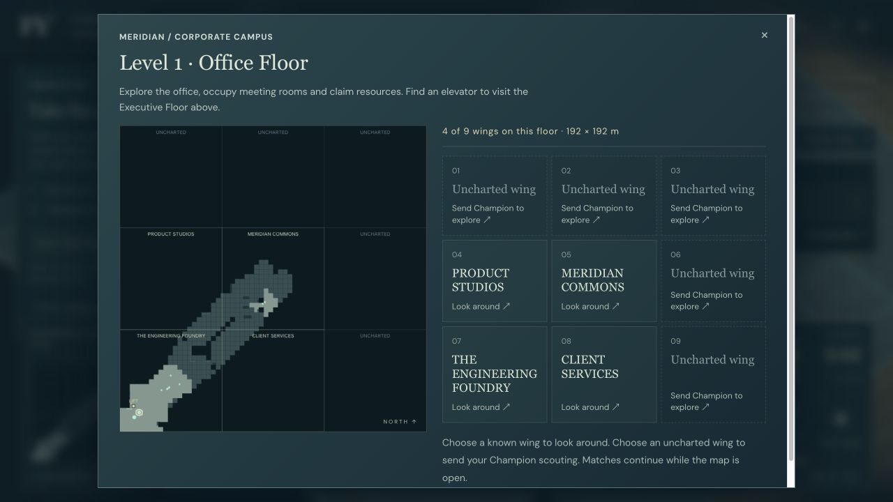 The actual Hostile Takeover world map and discovery interface for the connected corporate office