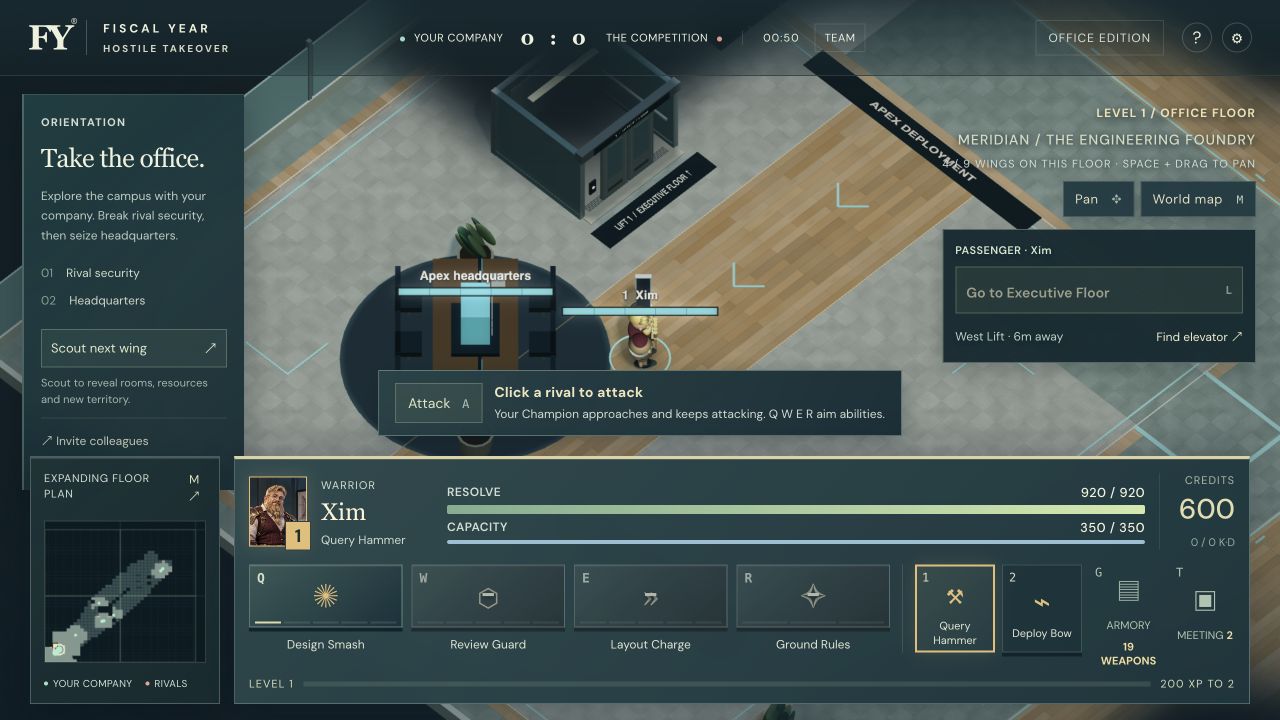 Xim in Orientation practice, with the actual Hostile Takeover office battlefield, environment and game HUD