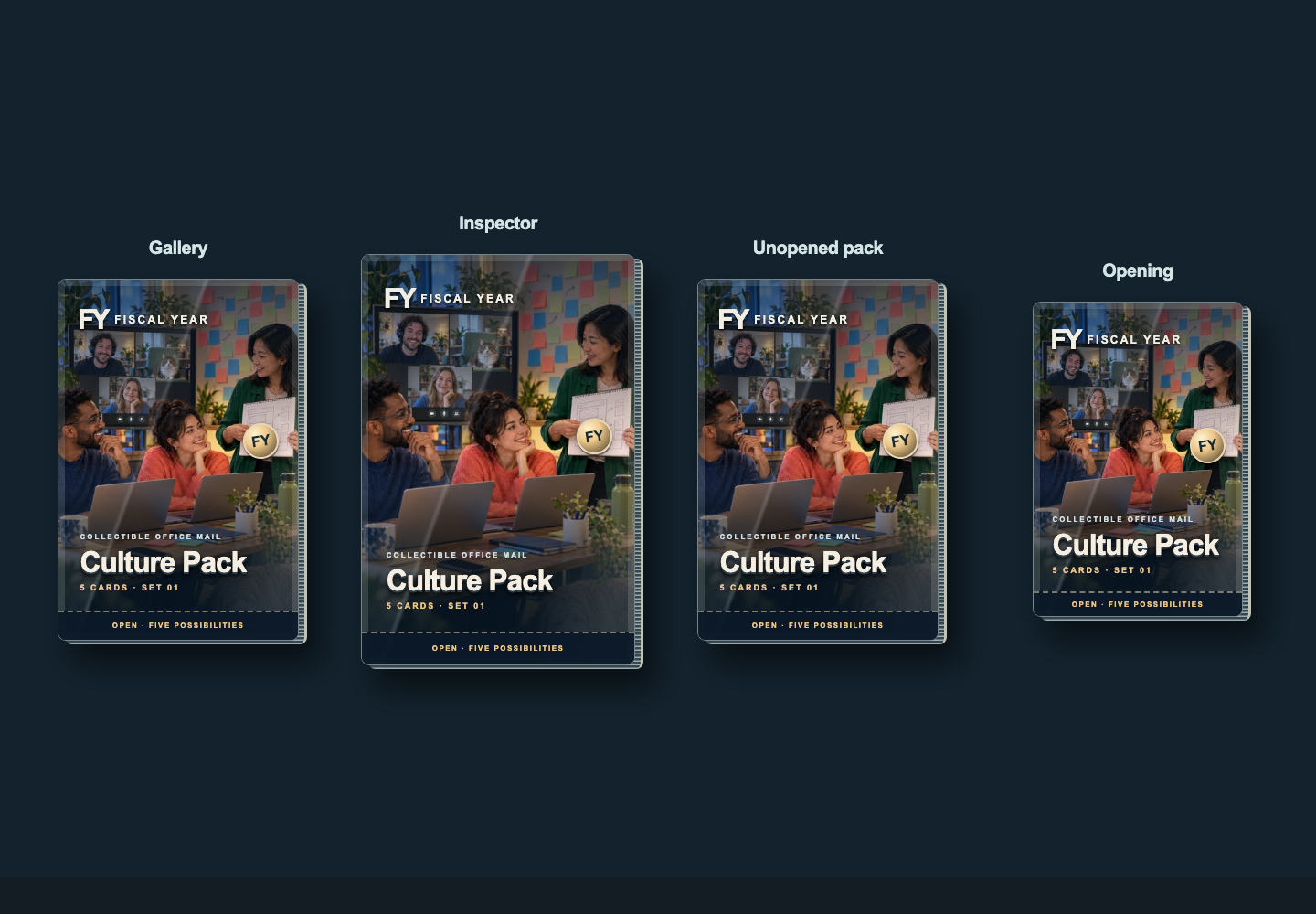 The same illustrated Fiscal Year pack component shown in gallery, inspector, unopened and opening contexts