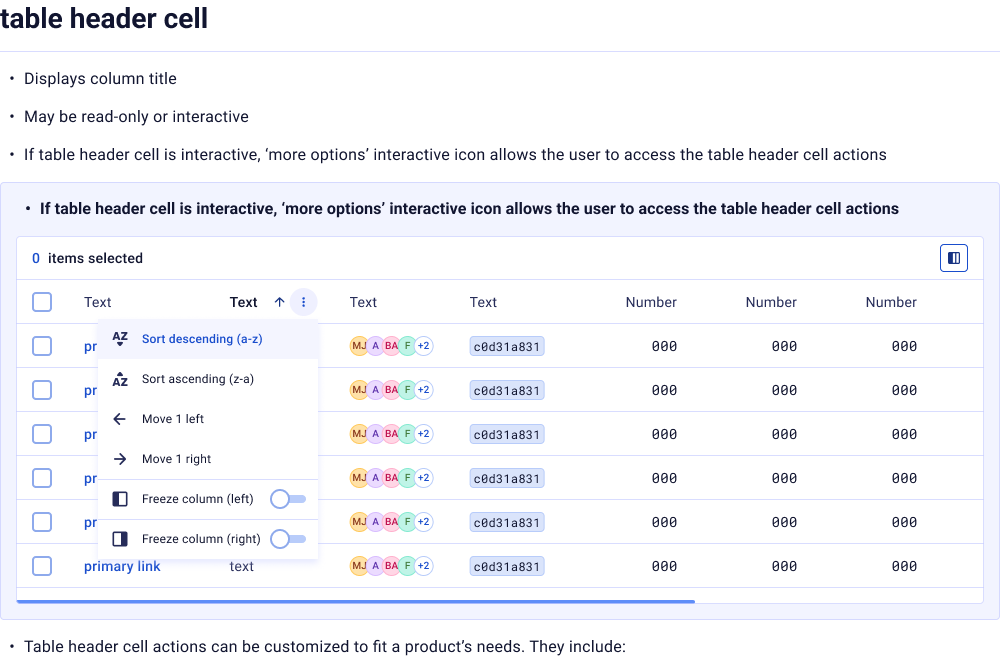 Datagrid — header cell sorting and filtering interactions