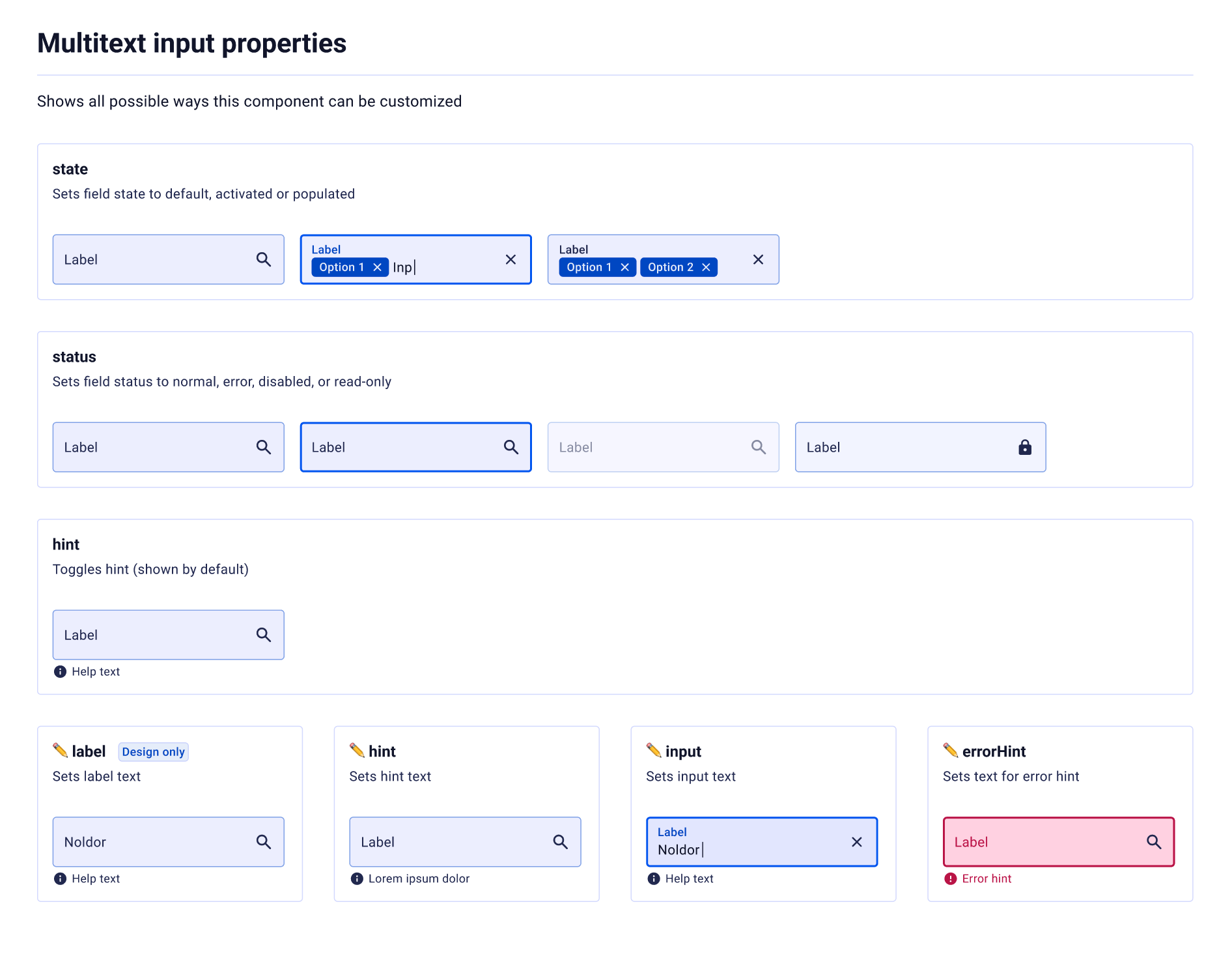 Multitext Input — component properties