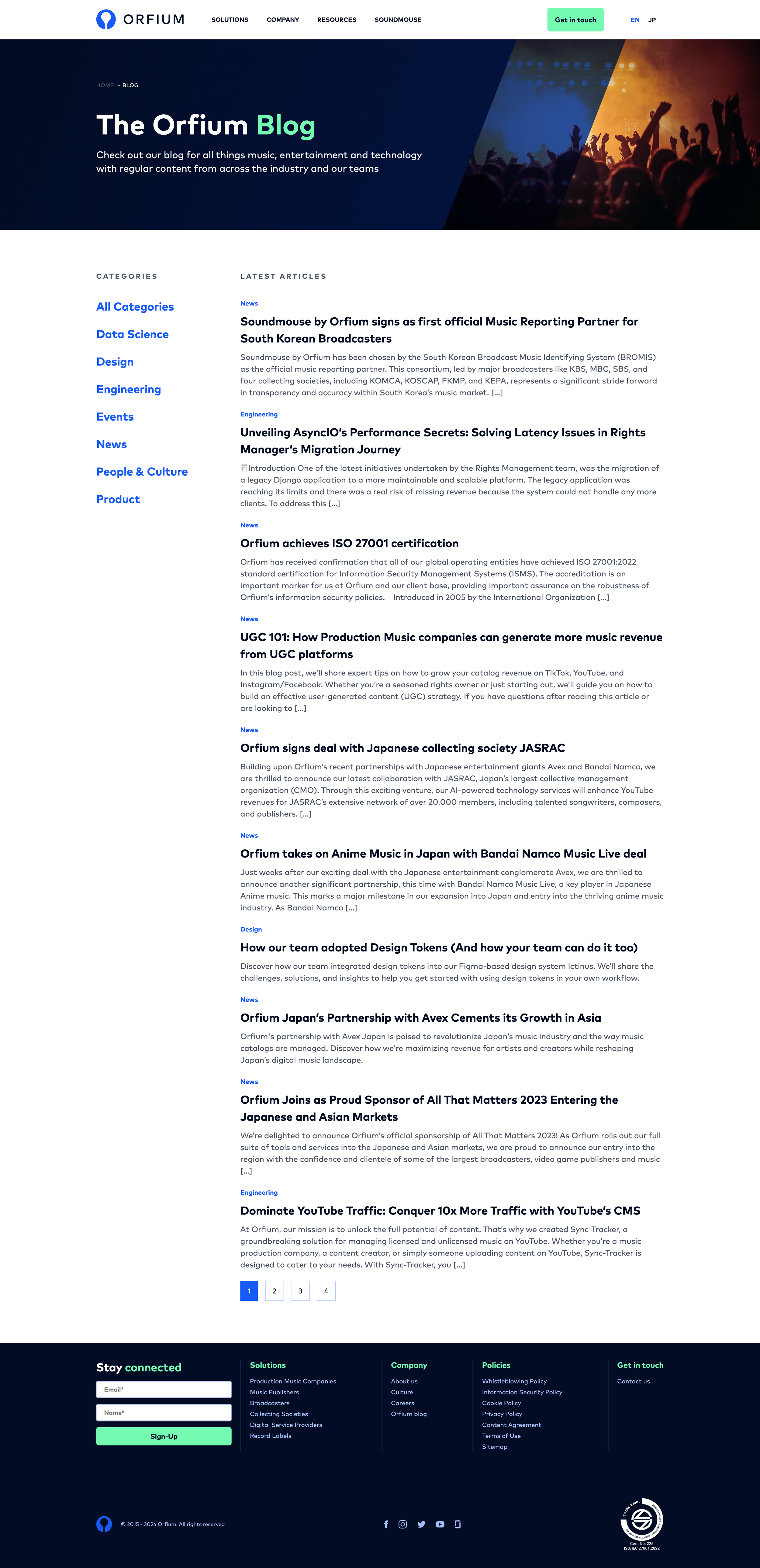 Orfium blog page with article cards, featured posts, and category navigation