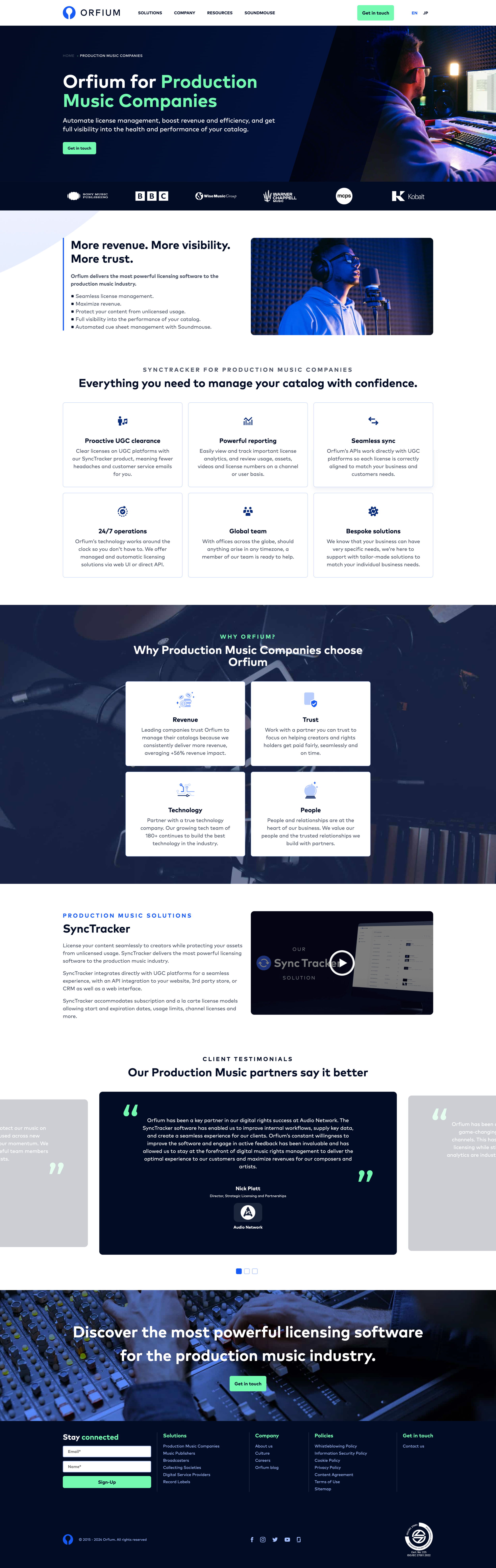 Orfium product page for production music companies showing features and benefits